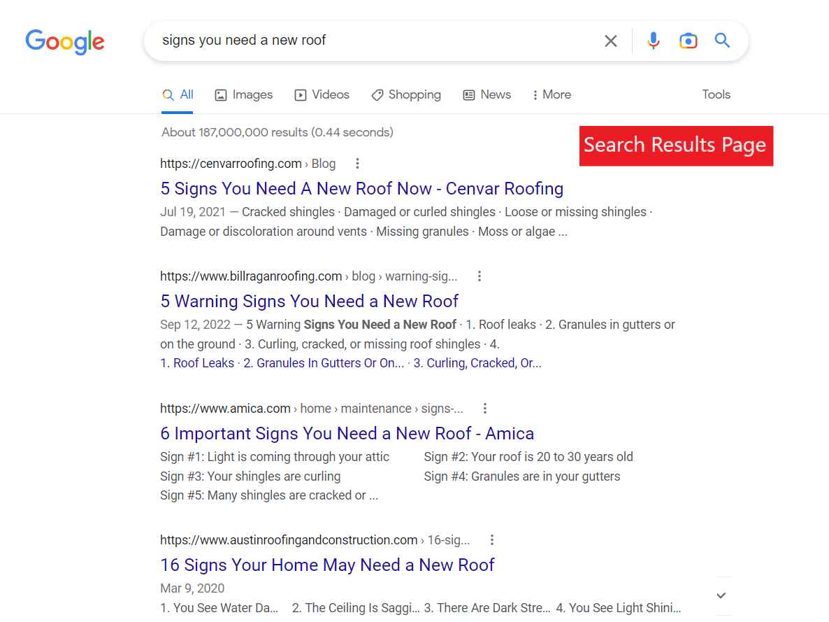 Search Results Page for Signs You Need a New Roof