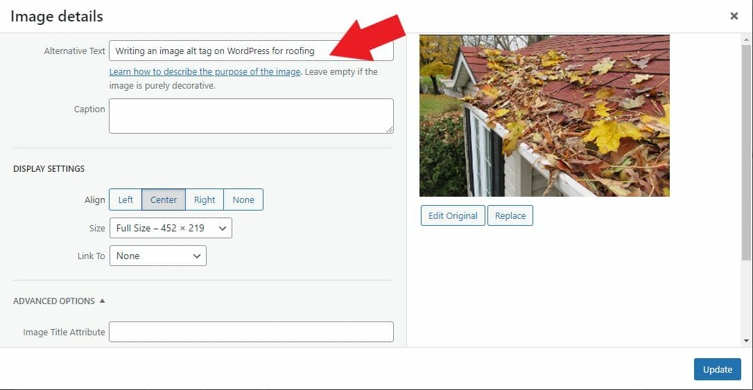 Writing an image alt tag on WordPress for Roofing