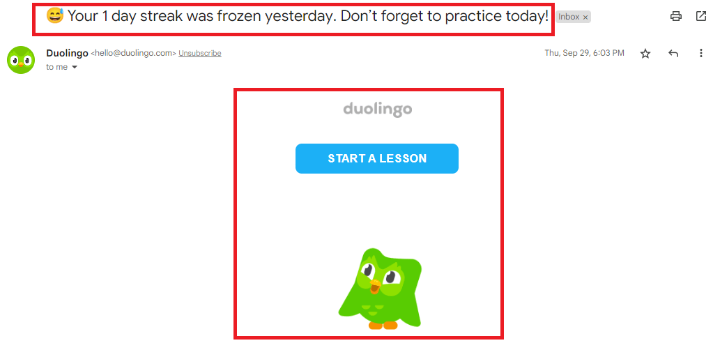 Duolingo email about a frozen streak