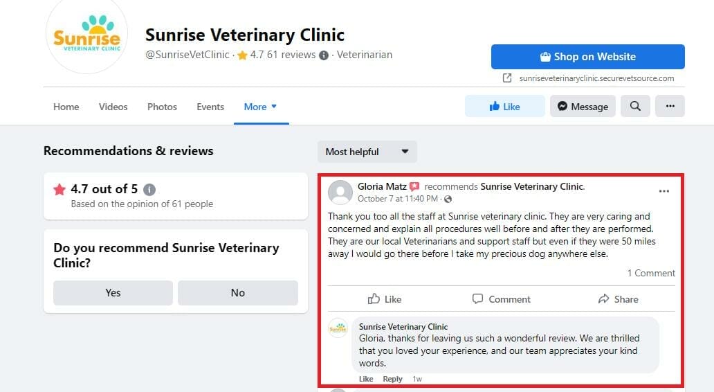 Facebook ratings and recommendation for a veterinary clinic