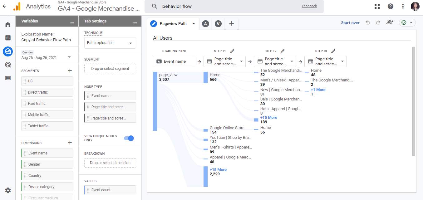 Behavior flow report on Google Analytics version 4