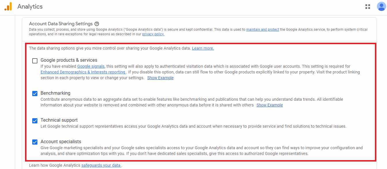 Account data sharing settings in Google Analytics for veterinarians