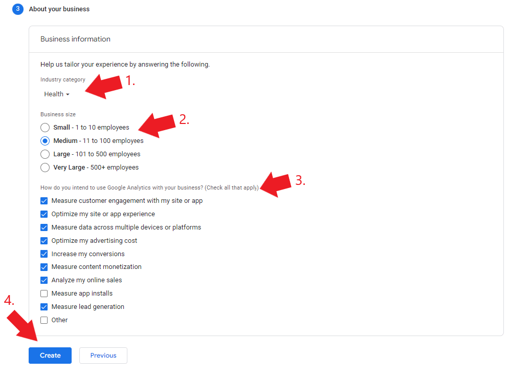 Fill out Google Analytics business information