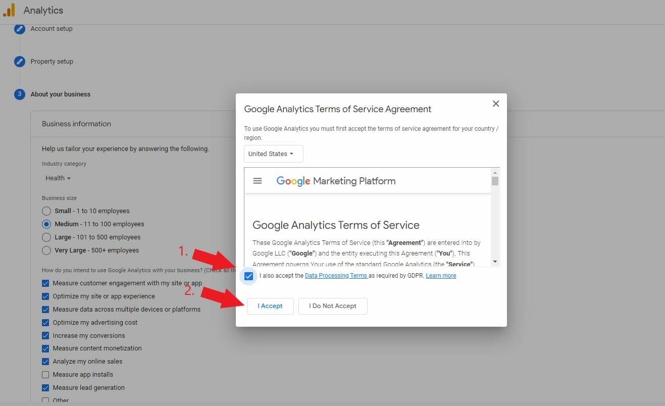 Agree to Google Analytics terms and conditions