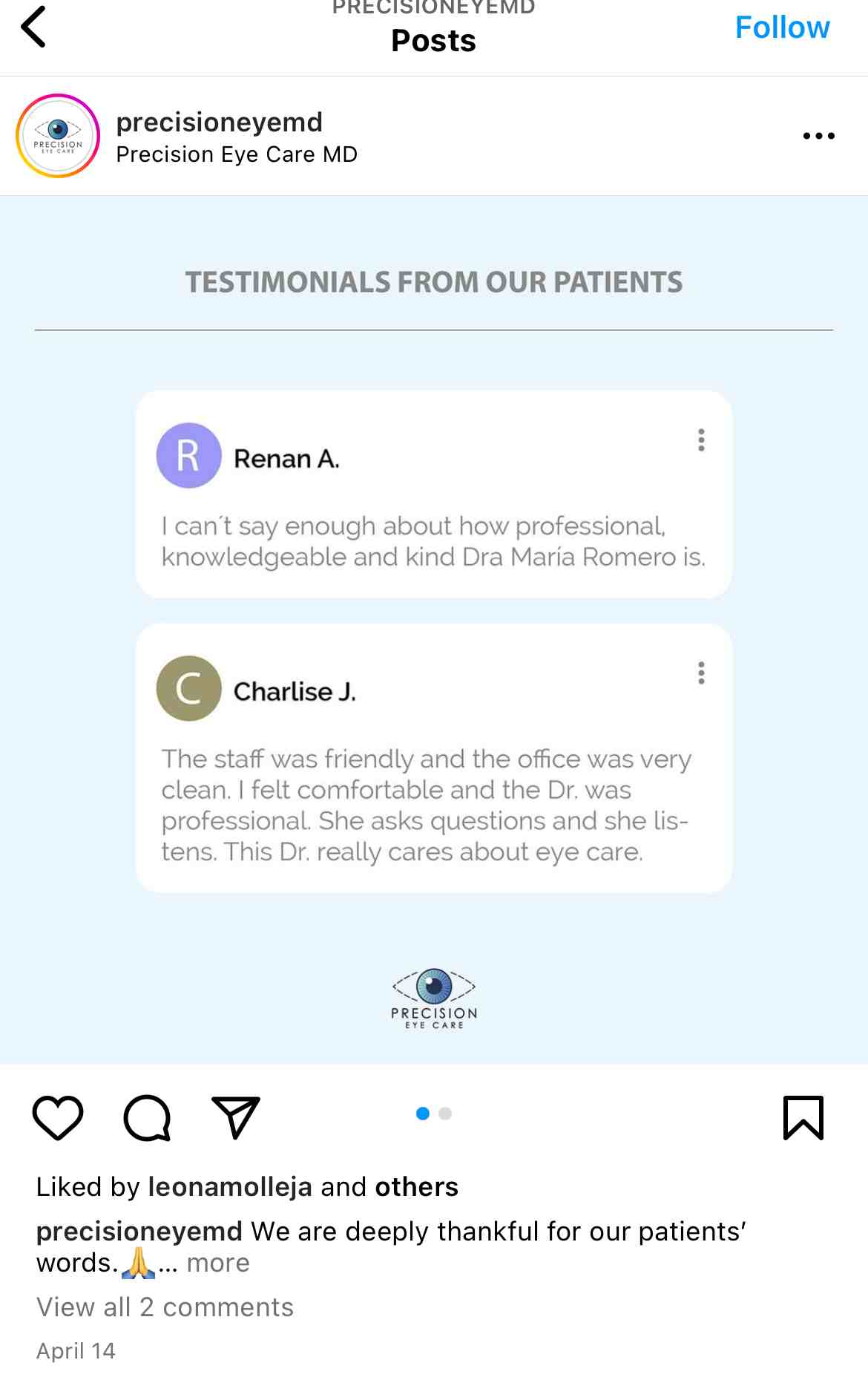 Patient testimonial turned to Instagram post