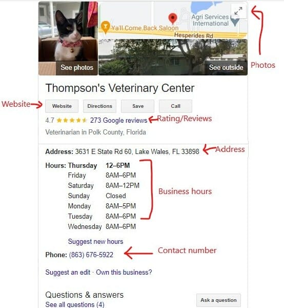 Optimized Google My Business Profile of a veterinary clinic