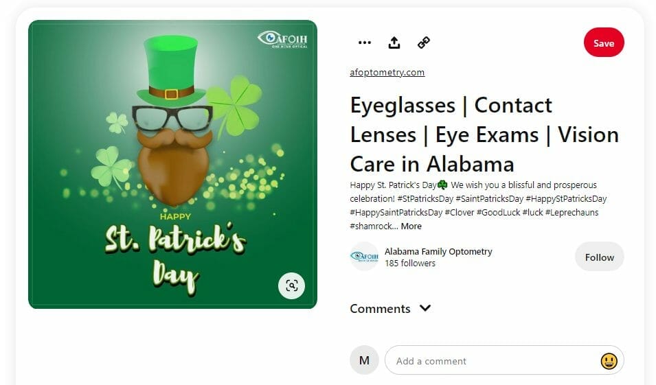 Holiday greetings posted by an optometrist clinic on Pinterest