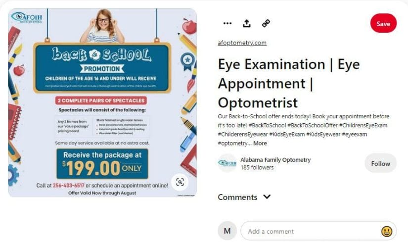 Eye exam promotion posted by an optometrist clinic on Pinterest