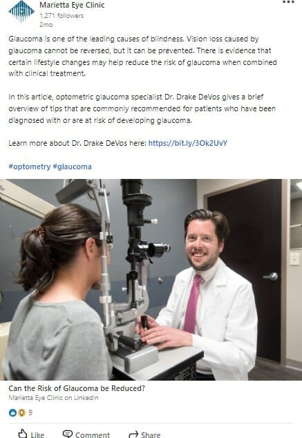 Post about Glaucoma facts on LinkedIn 