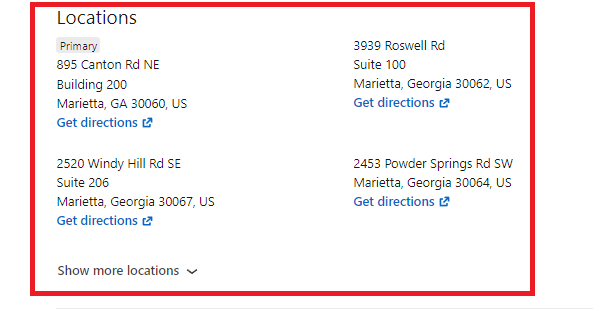 Branch locations of an optometry clinic on LinkedIn
