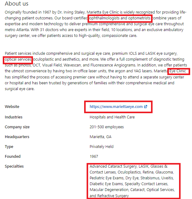 About Us section of an optometry clinic on LinkedIn