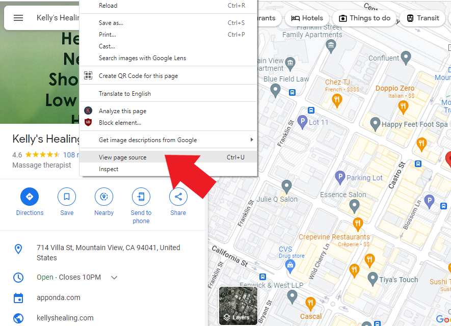 View page source of a massage therapy business listing