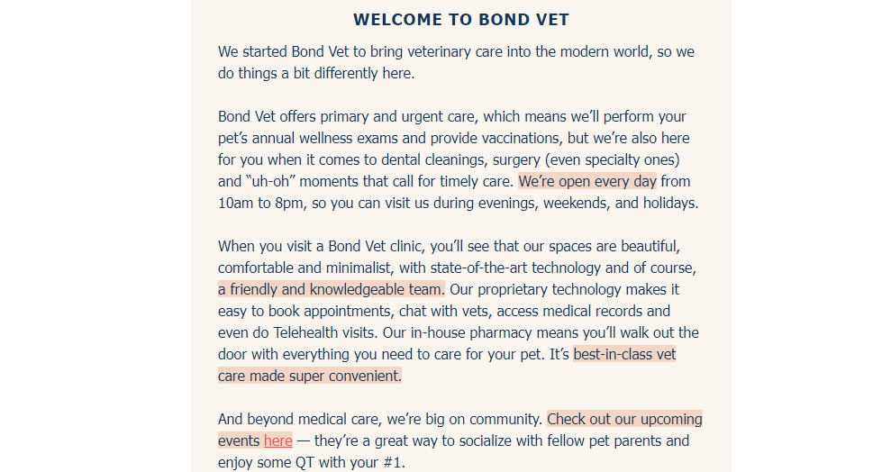 Body of welcome email from a veterinary clinic