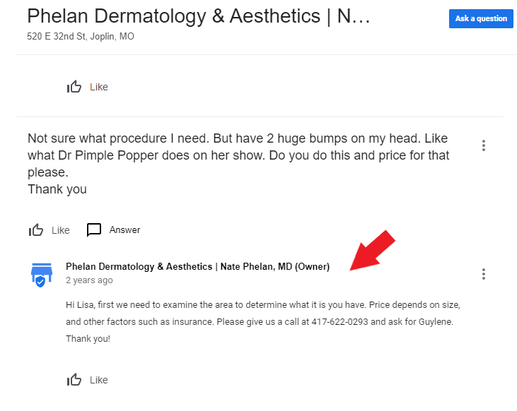 Dermatology clinic owner responding to a question on Google My Business