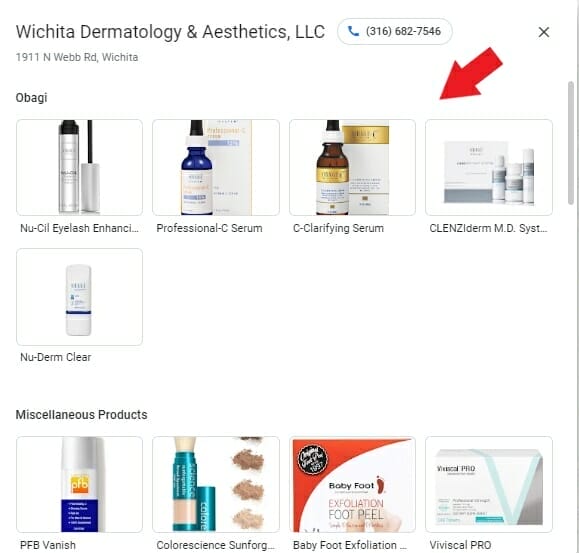 Products offered in a dermatolgy clinic