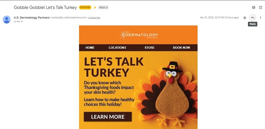Email newsletter from a dermatology clinic about Thanksgiving