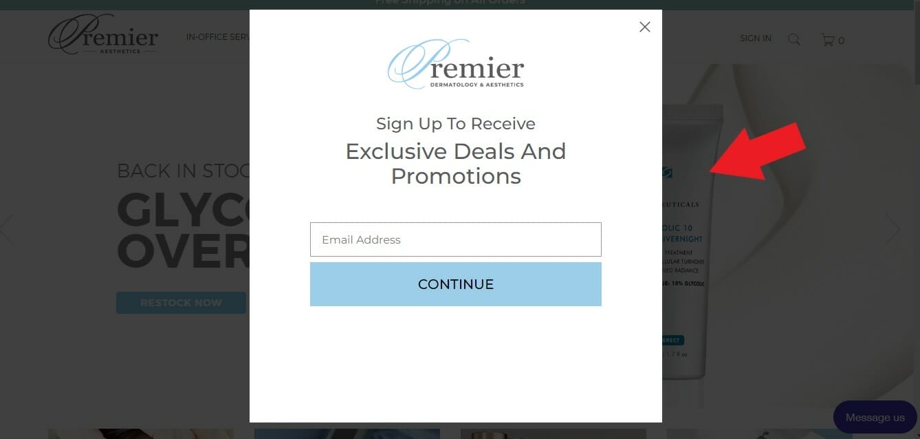 Exit pop-up from a dermatology clinic's website