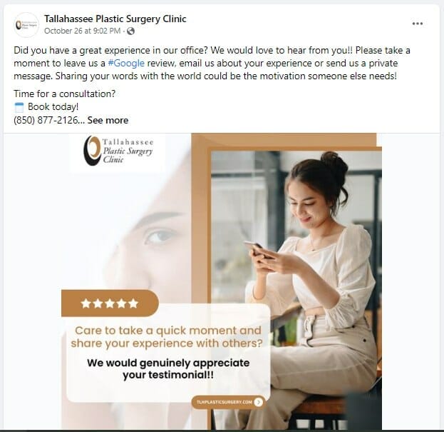 Facebook post asking reviews from plastic surgery patients