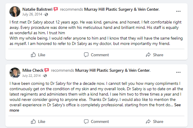 Facebook recommendations received by a plastic surgery clinic