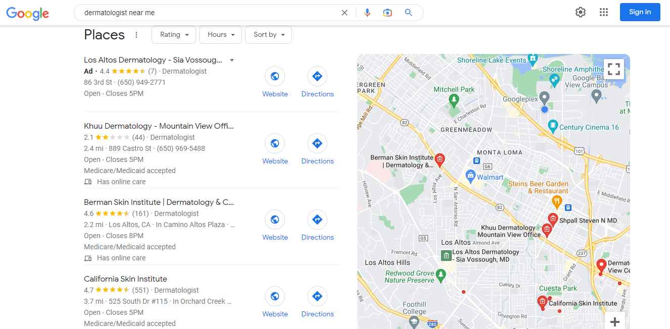 Google My Business results for "dermatologists near me"