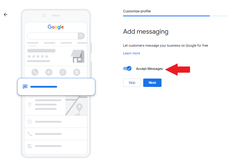 Toggle the button to receive messages sent to Google My Business profile