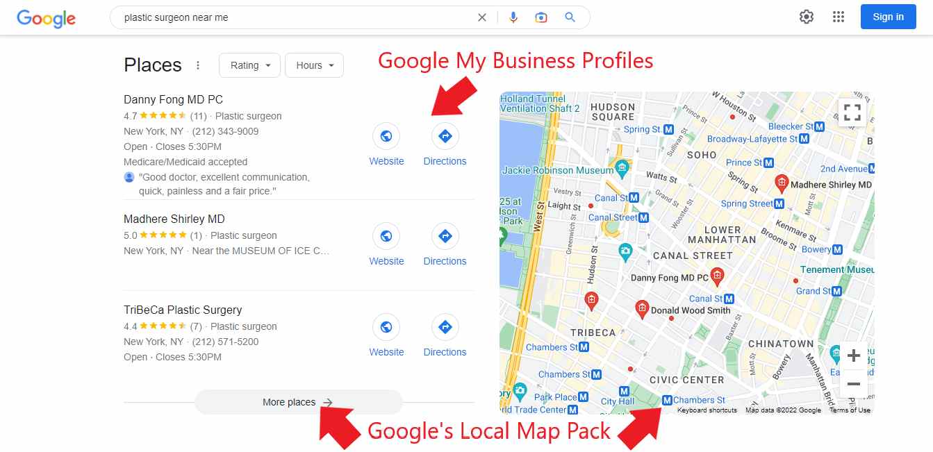 Google My Business local map pack for plastic surgeons