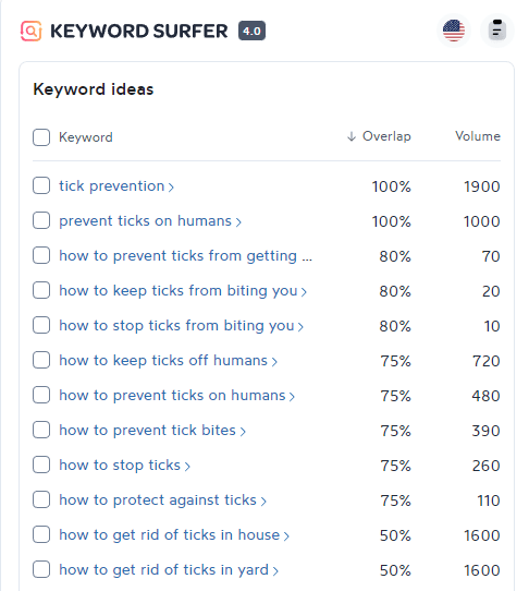 Keyword ideas from a Keywords Surfer browser extension