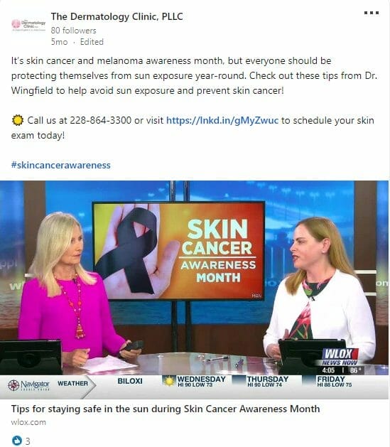 LinkedIn post about Skin Awareness Month