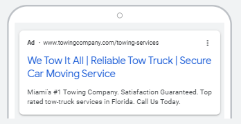 Mobile version of a Google Ad for a towing company