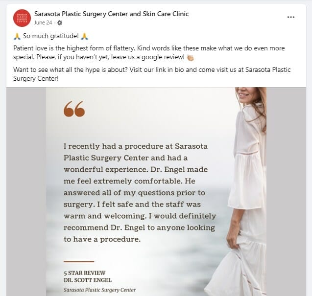Patient testimonial posted on Facebook