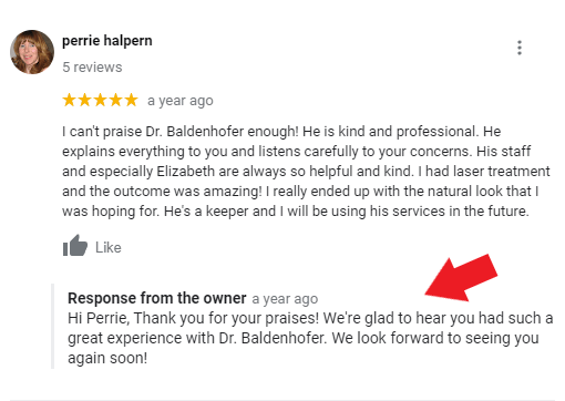 Plastic surgeon responding to patient review on Google
