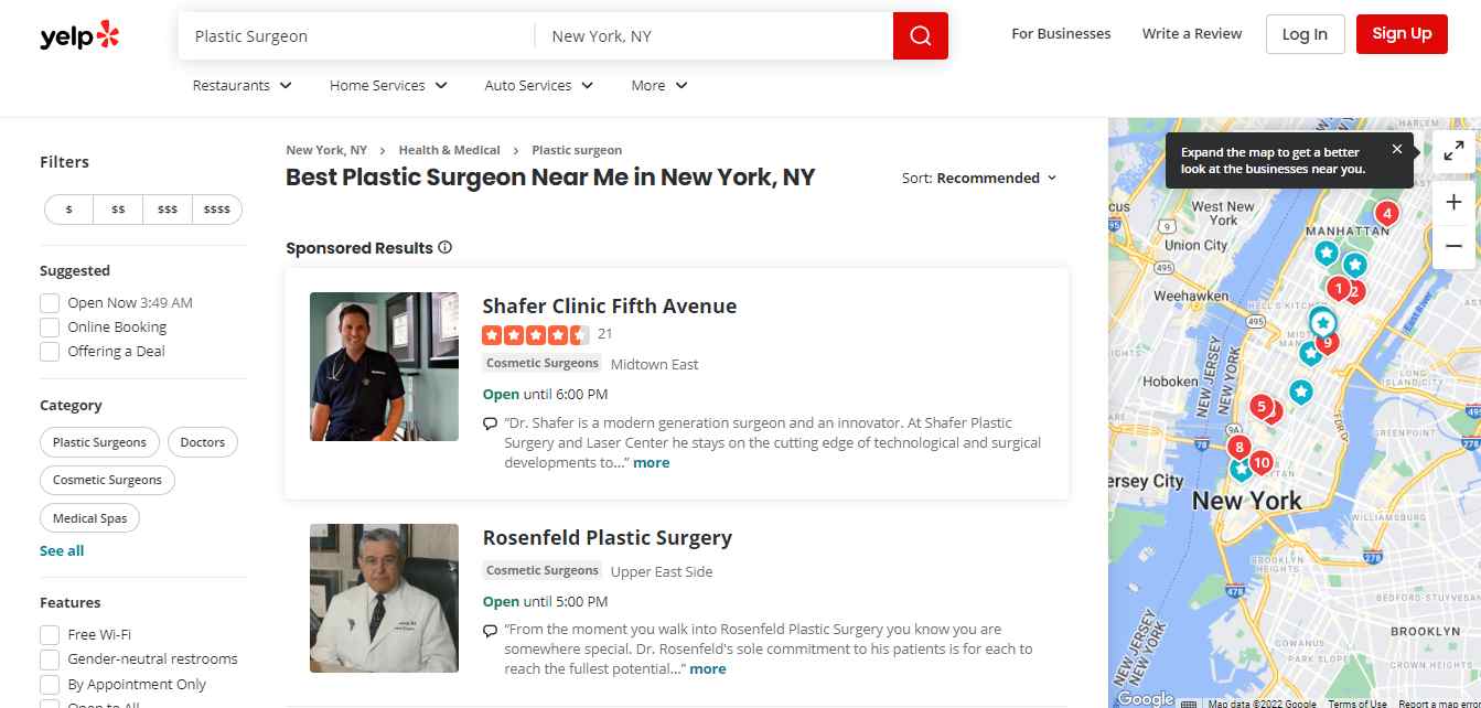 Plastic surgeons listed on Yelp