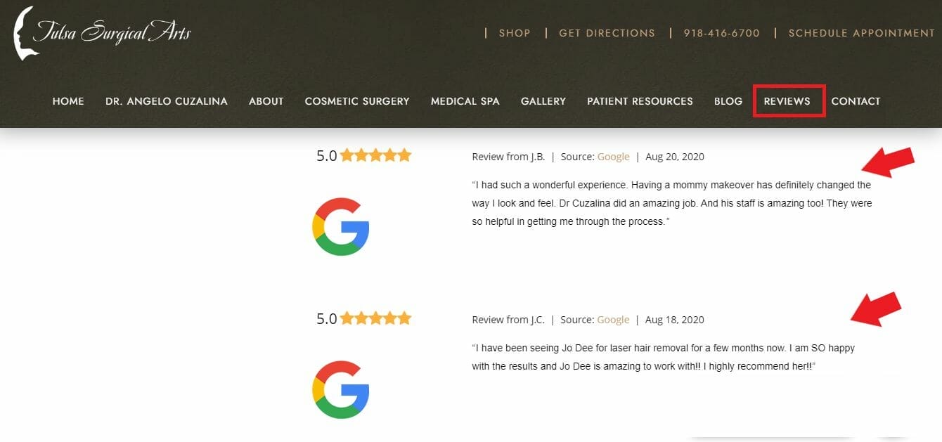 Reviews from Google posted on a plastic surgery clinic's website