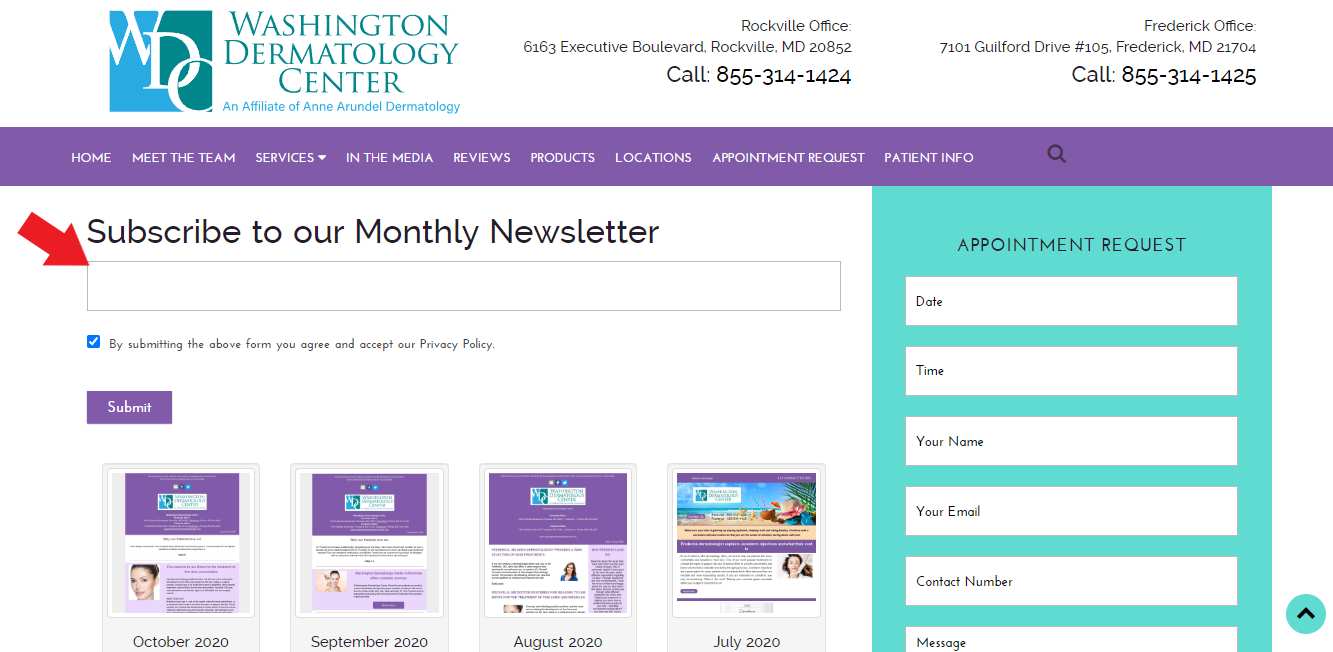 Section in a dermatology website where page visitors can subscribe for monthly newsletter