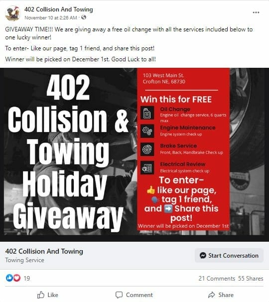 Giveaway post from a towing company