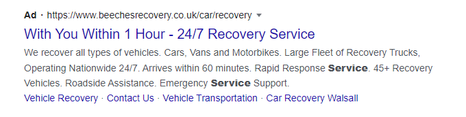 Advertisement of a towing company based from search results
