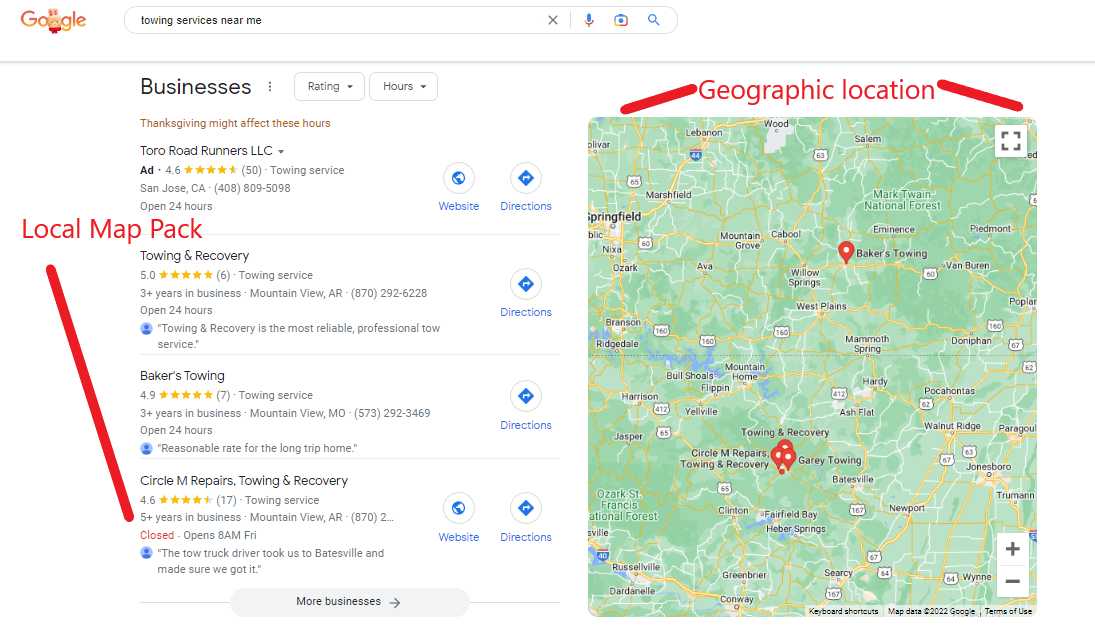 Google My Business listing for towing companies