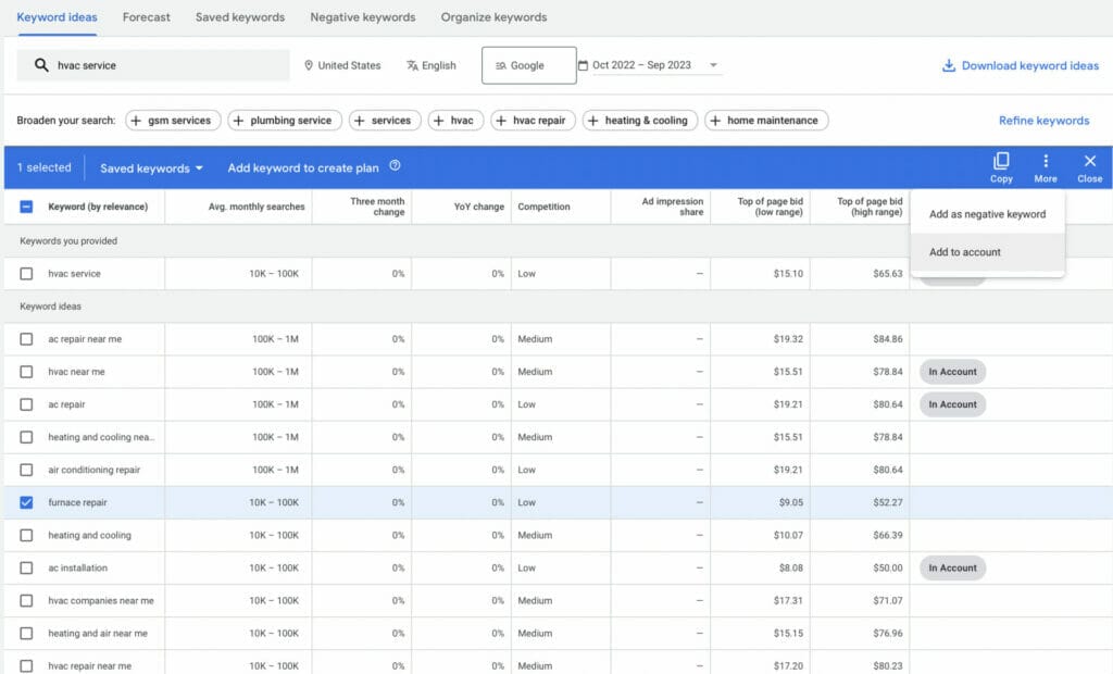 adding keywords from keyword planner for hvac ppc campaign