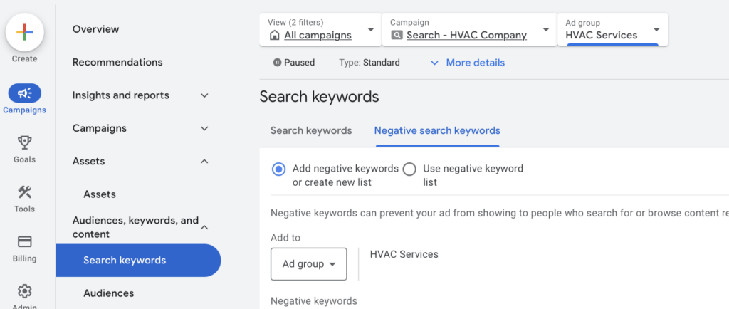 adding negative keywords to hvac campaign