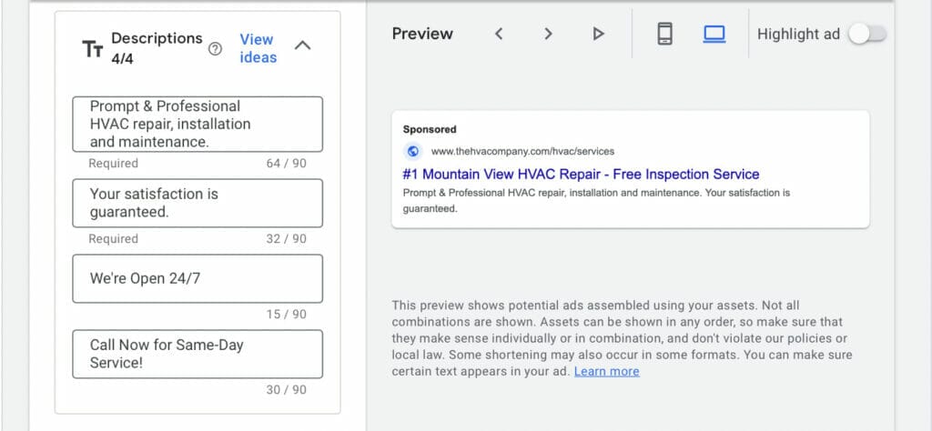 descriptions for ppc for hvac company