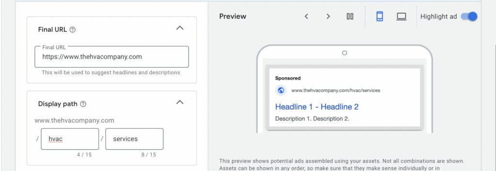 final url and display path for hvac companies