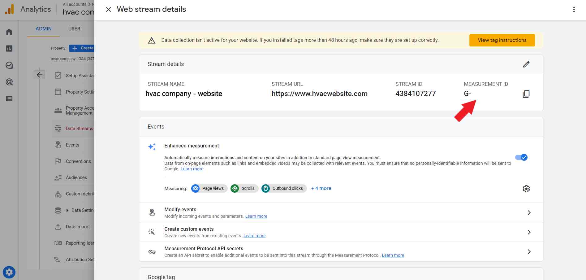 HVAC company web stream details on Google Analytics