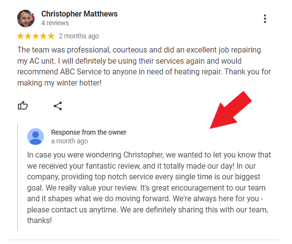 HVAC business owner responding to customer review on Google My Business