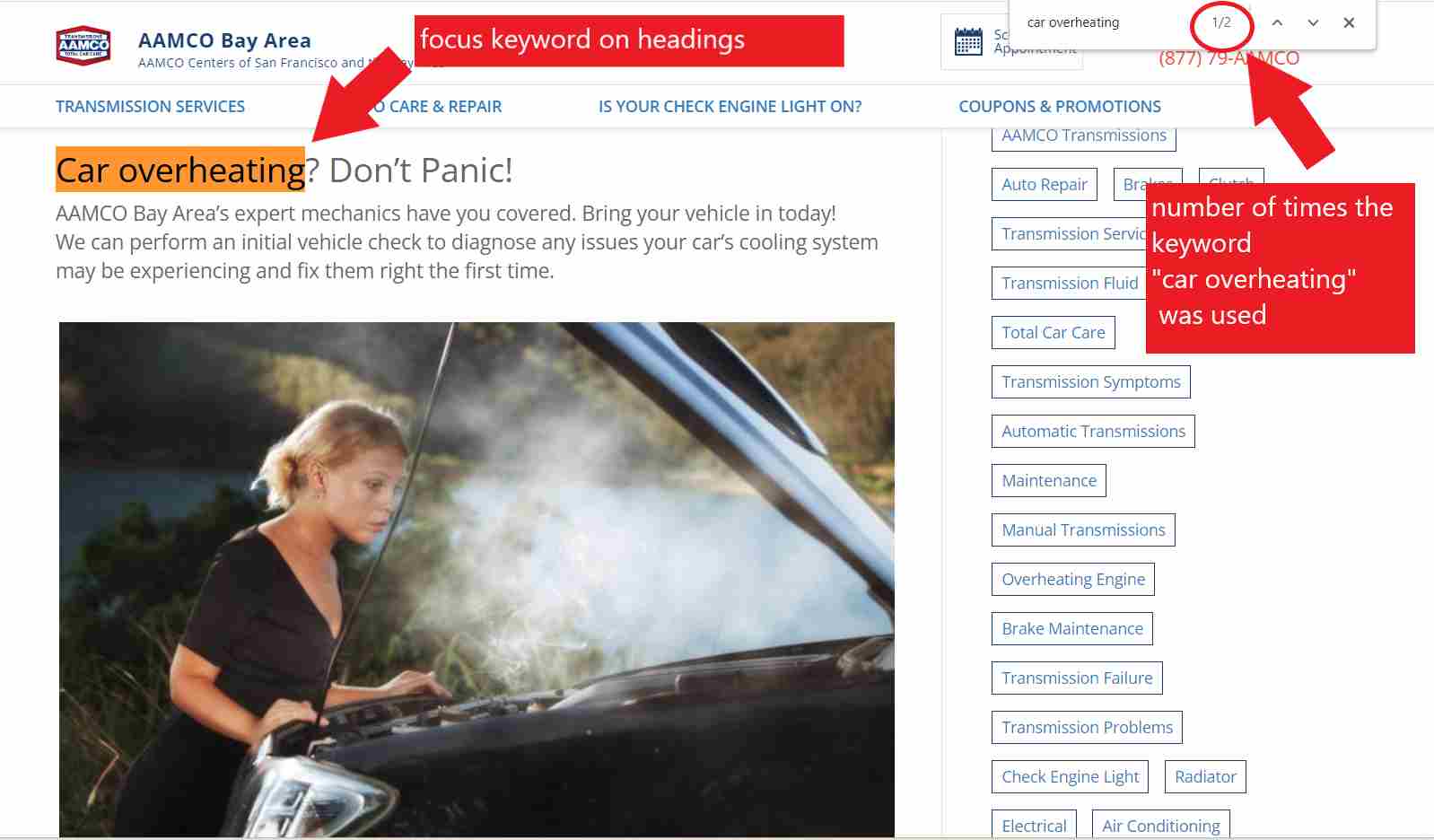 Number of times the keyword "car overheating" was used in a towing company's blog 