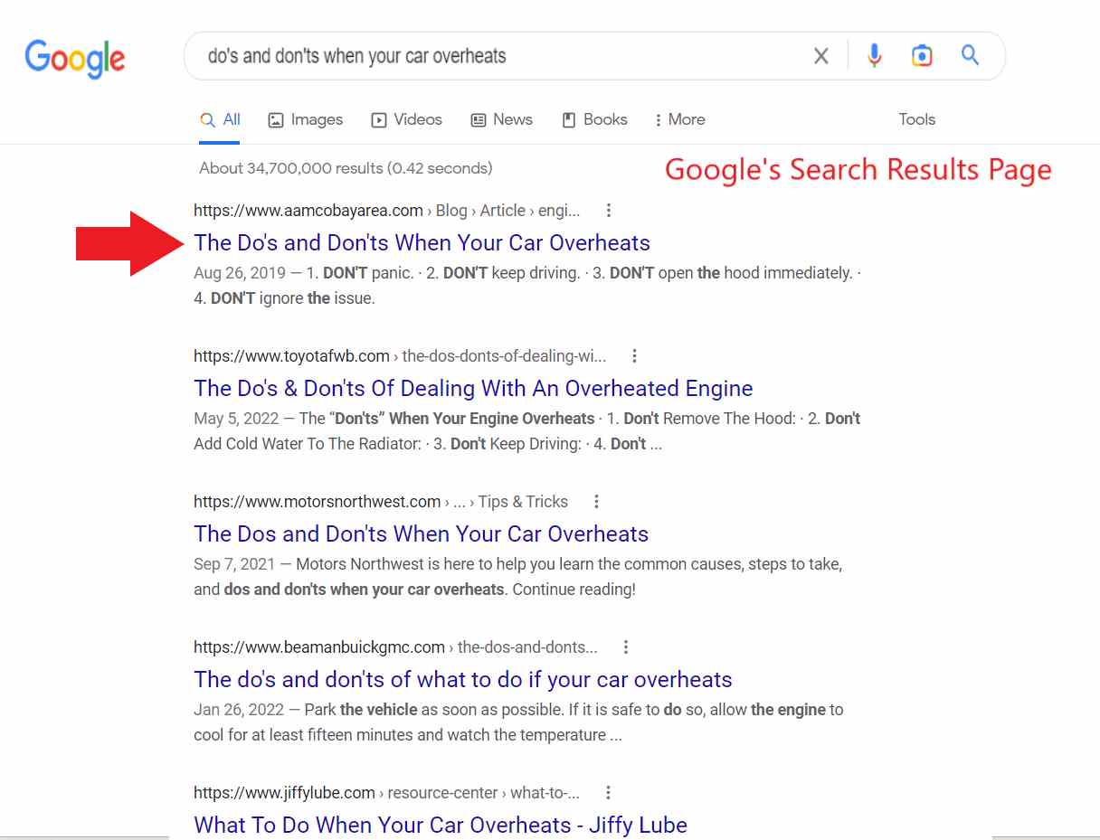 Google's Search Results page for the keyword Do's and Don'ts when your car overheats