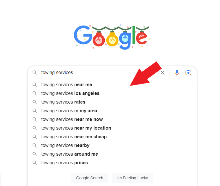 Google's auto-complete suggestions for "towing services"