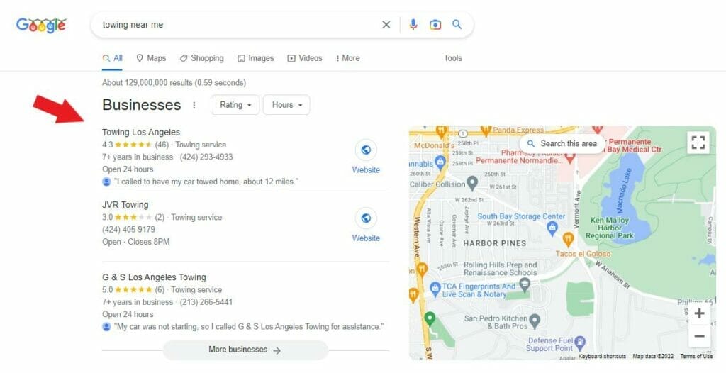 Google My Business listings for towing companies