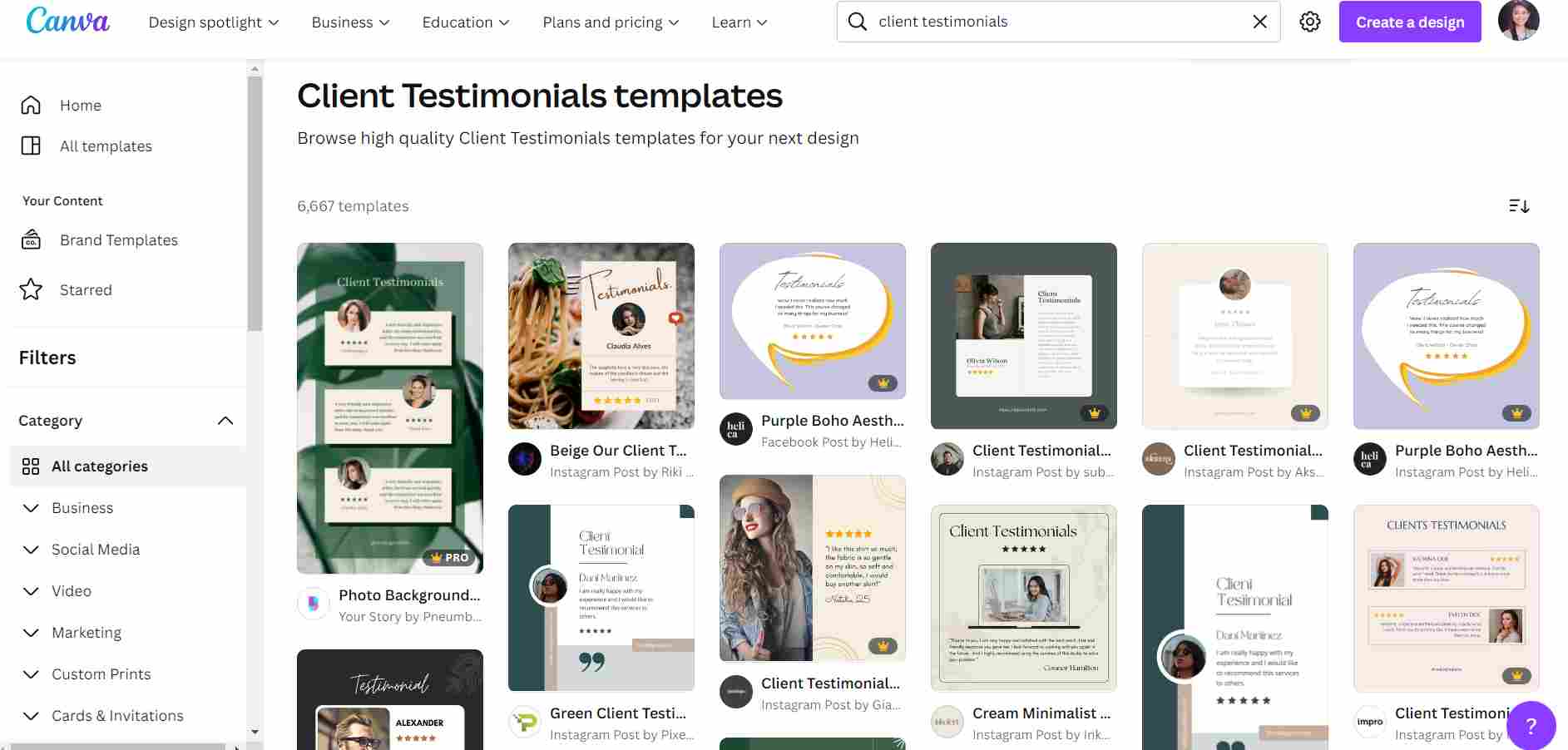 Templates of customer testimonial on Canva