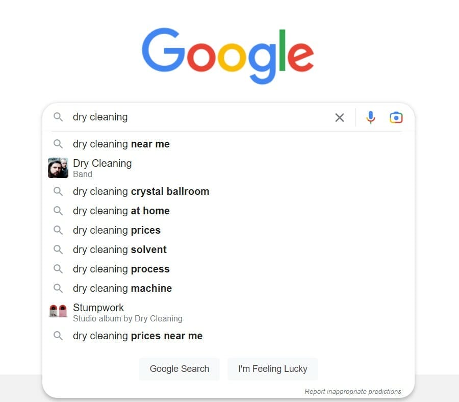 Auto-suggestions for the keyword dry cleaning