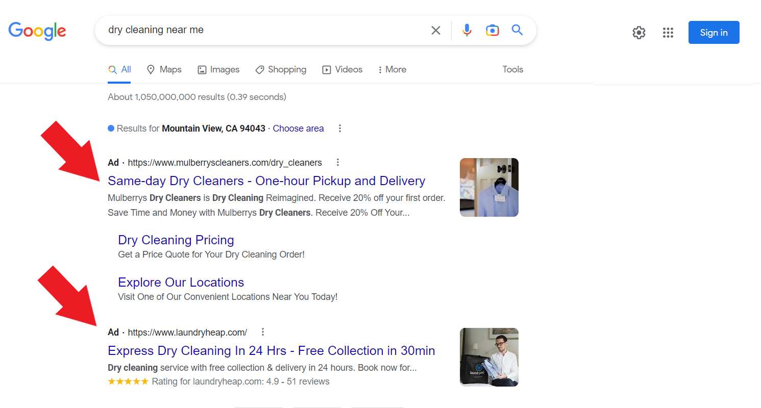 Dry cleaning ads on Google's Search Results Page